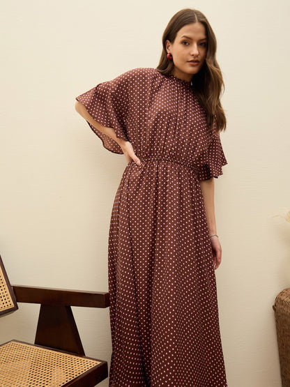 Women Brown Polka Dot Flared Hem Maxi Dress