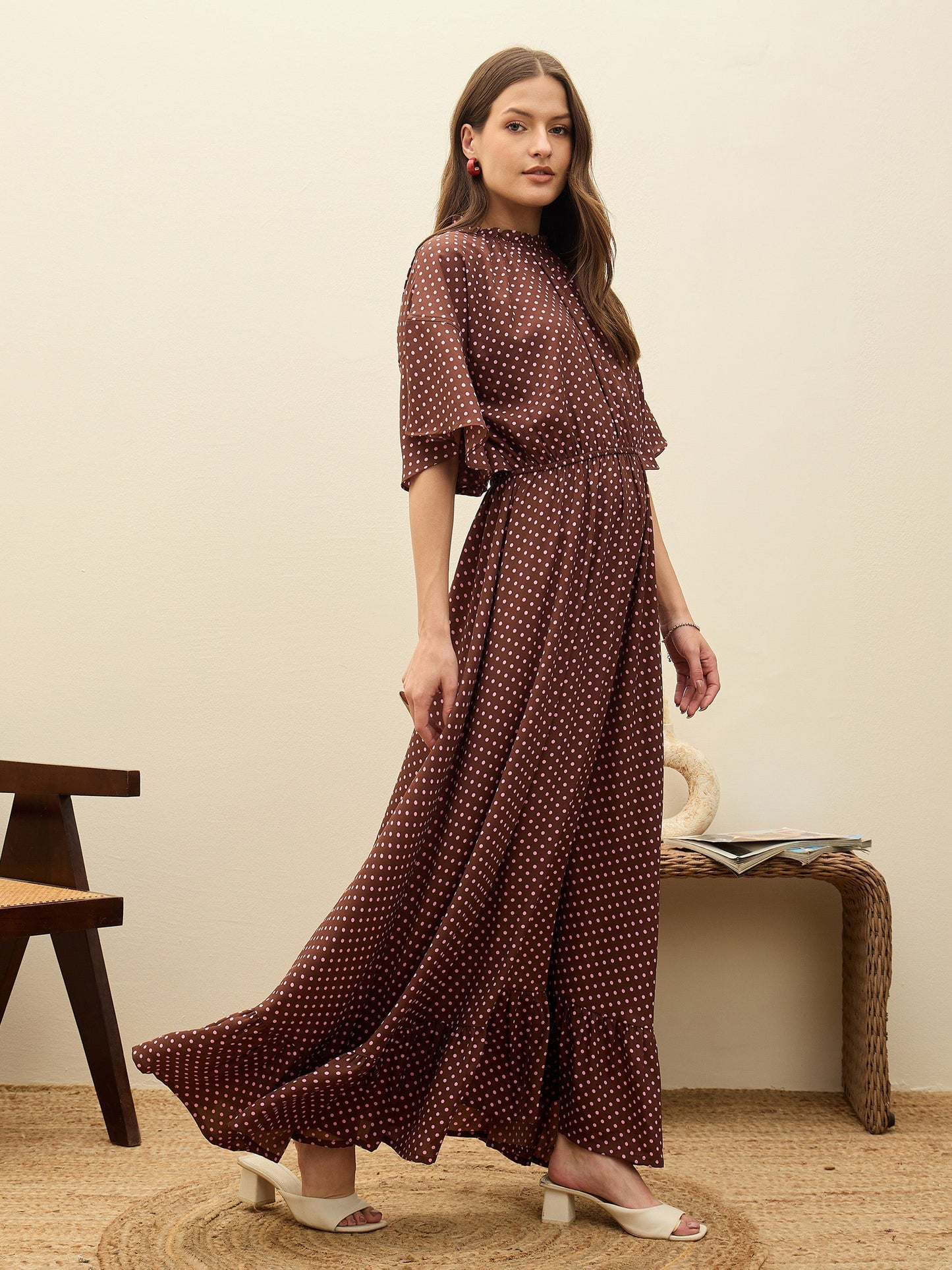 Women Brown Polka Dot Flared Hem Maxi Dress