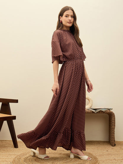Women Brown Polka Dot Flared Hem Maxi Dress