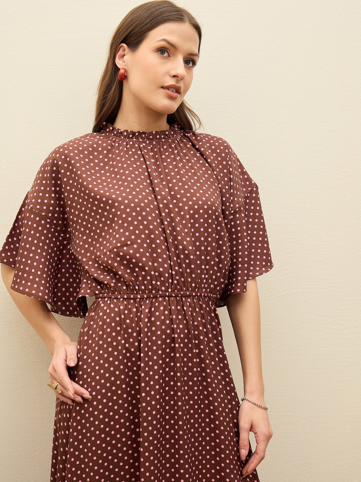 Women Brown Polka Dot Flared Hem Maxi Dress