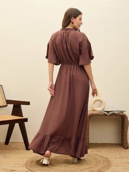 Women Brown Polka Dot Flared Hem Maxi Dress