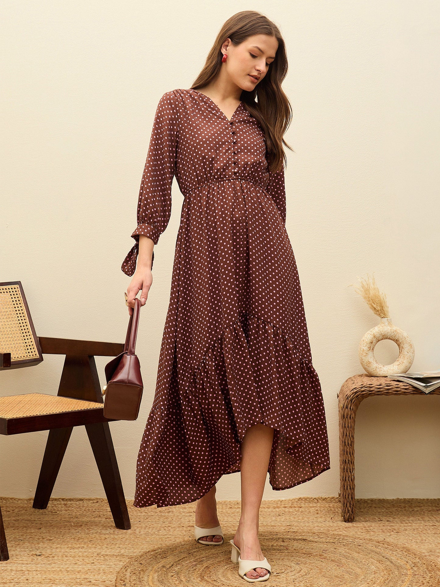 Women Brown Polka Dot Asymmetric Hem Maxi Dress