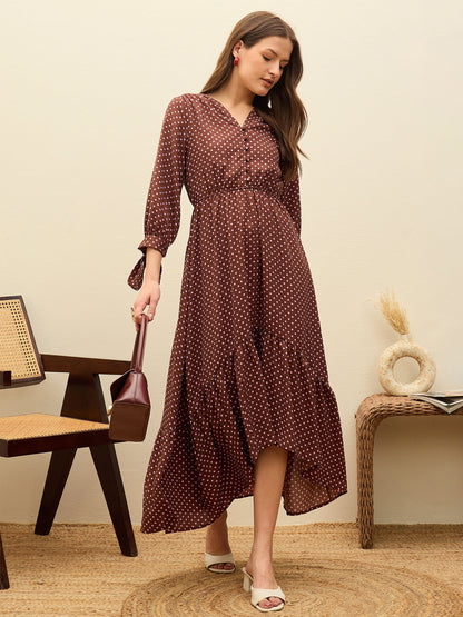Women Brown Polka Dot Asymmetric Hem Maxi Dress