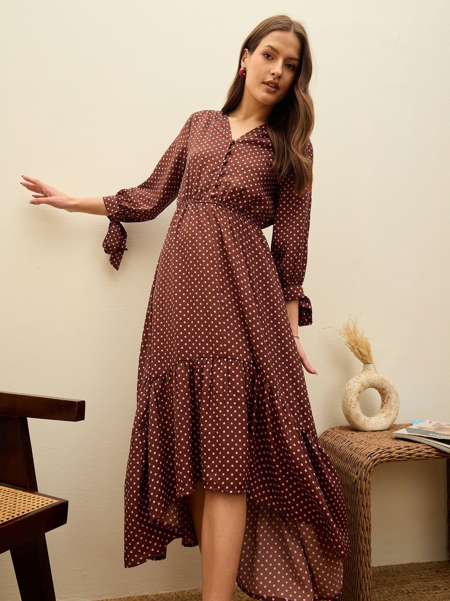 Women Brown Polka Dot Asymmetric Hem Maxi Dress