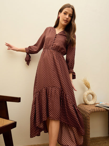 Women Brown Polka Dot Asymmetric Hem Maxi Dress