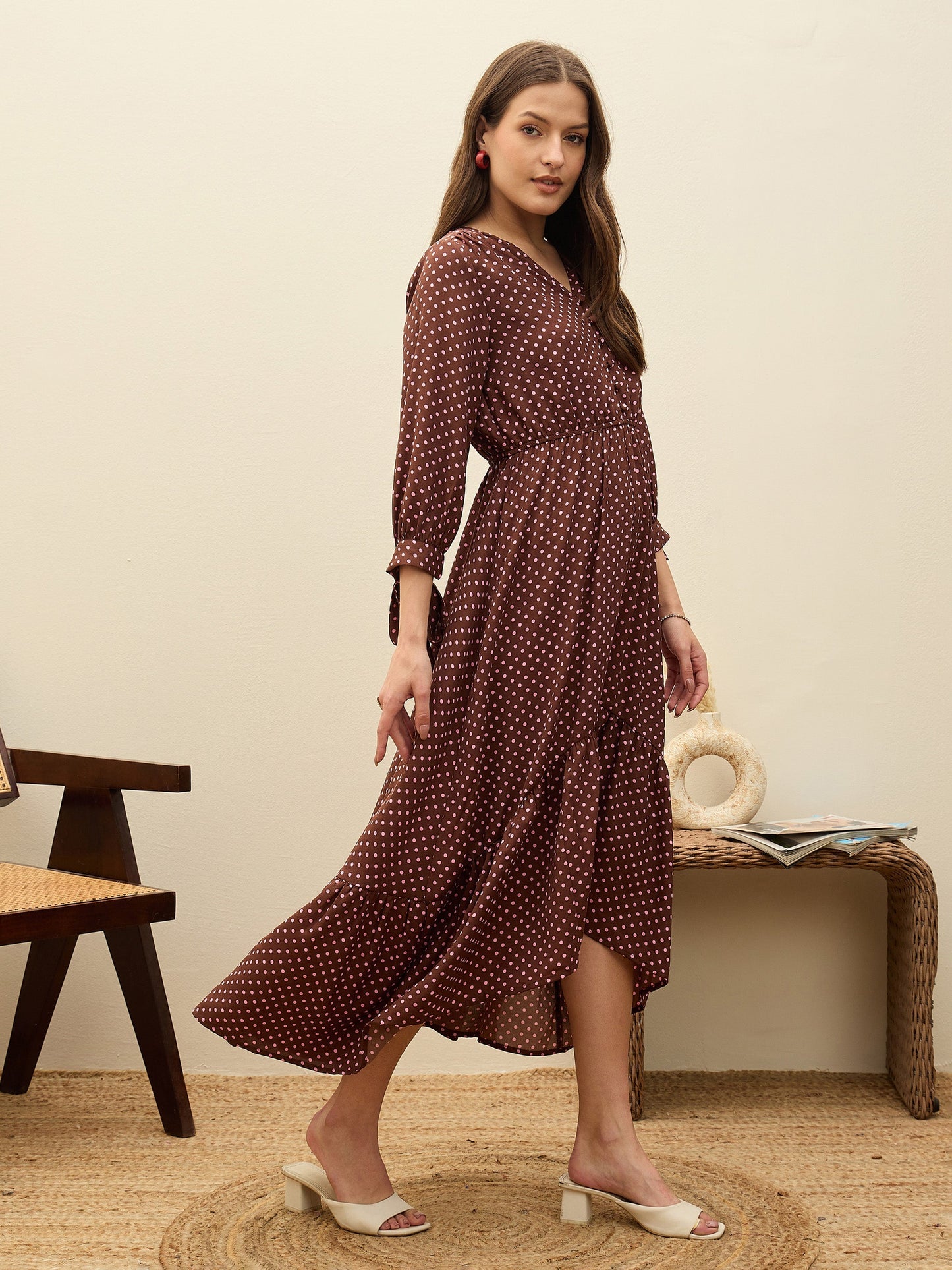 Women Brown Polka Dot Asymmetric Hem Maxi Dress