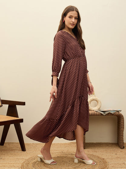 Women Brown Polka Dot Asymmetric Hem Maxi Dress