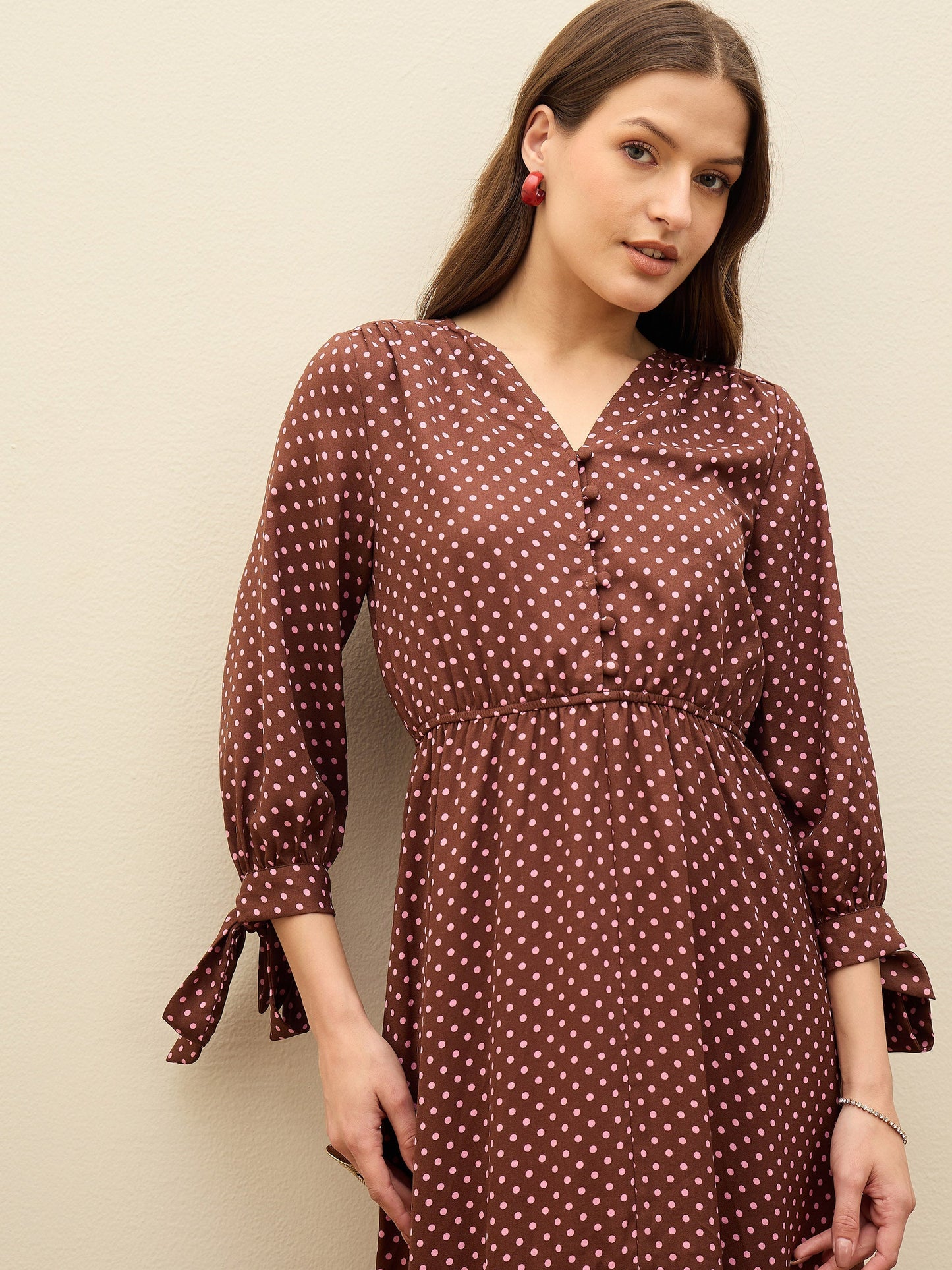 Women Brown Polka Dot Asymmetric Hem Maxi Dress