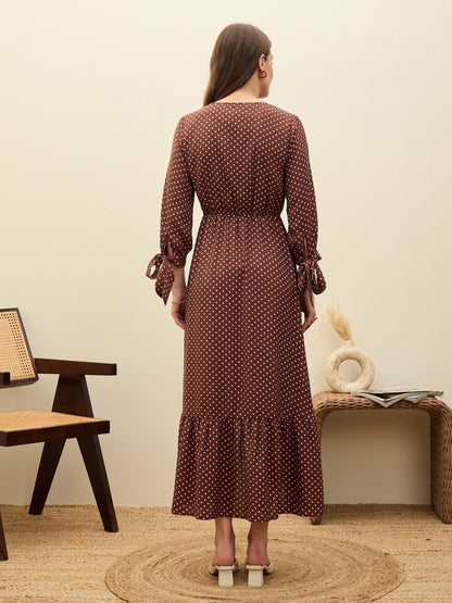 Women Brown Polka Dot Asymmetric Hem Maxi Dress