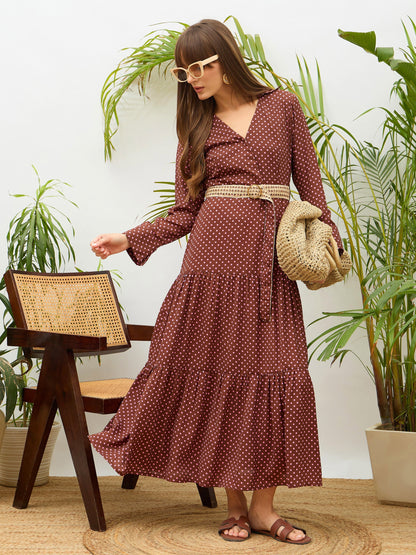 Women Brown Polka Dot Belted Tiered Maxi Dress