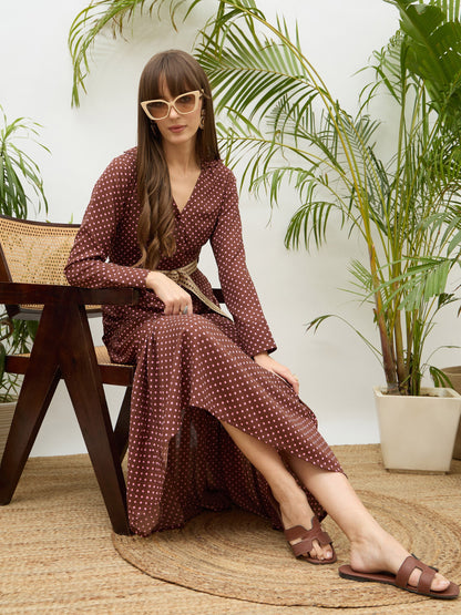 Women Brown Polka Dot Belted Tiered Maxi Dress