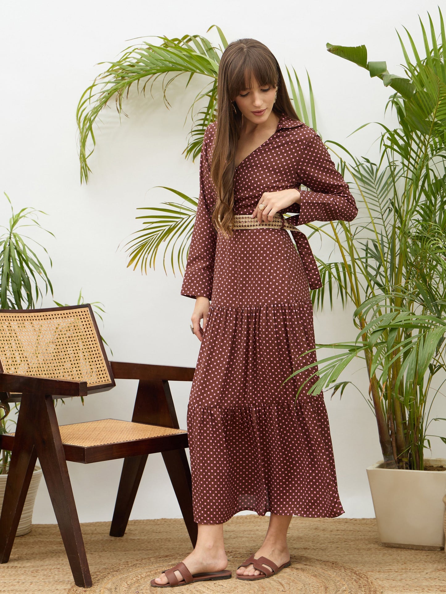 Women Brown Polka Dot Belted Tiered Maxi Dress