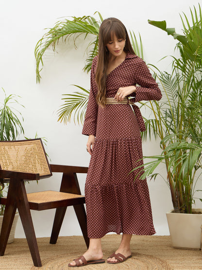 Women Brown Polka Dot Belted Tiered Maxi Dress