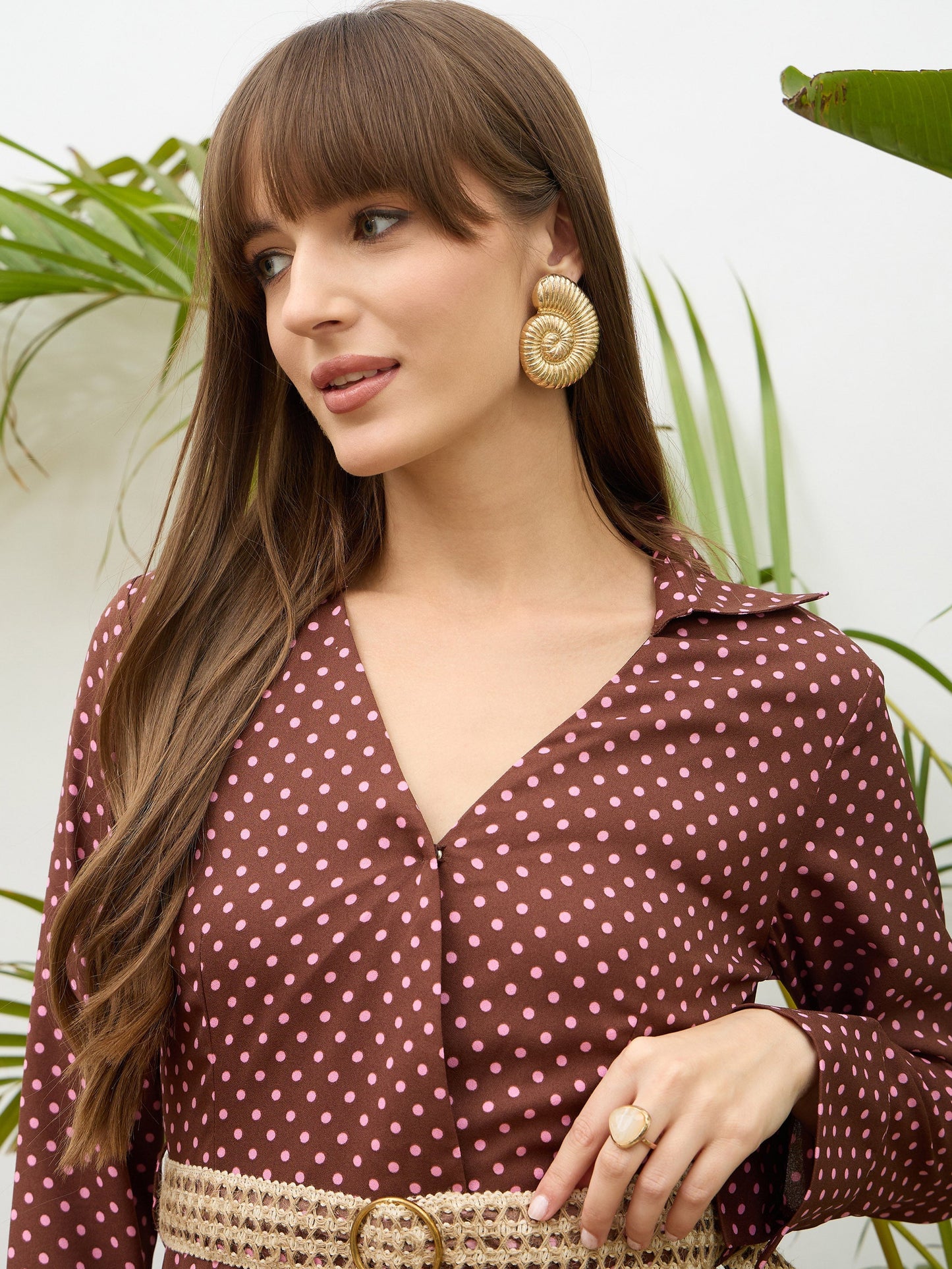 Women Brown Polka Dot Belted Tiered Maxi Dress