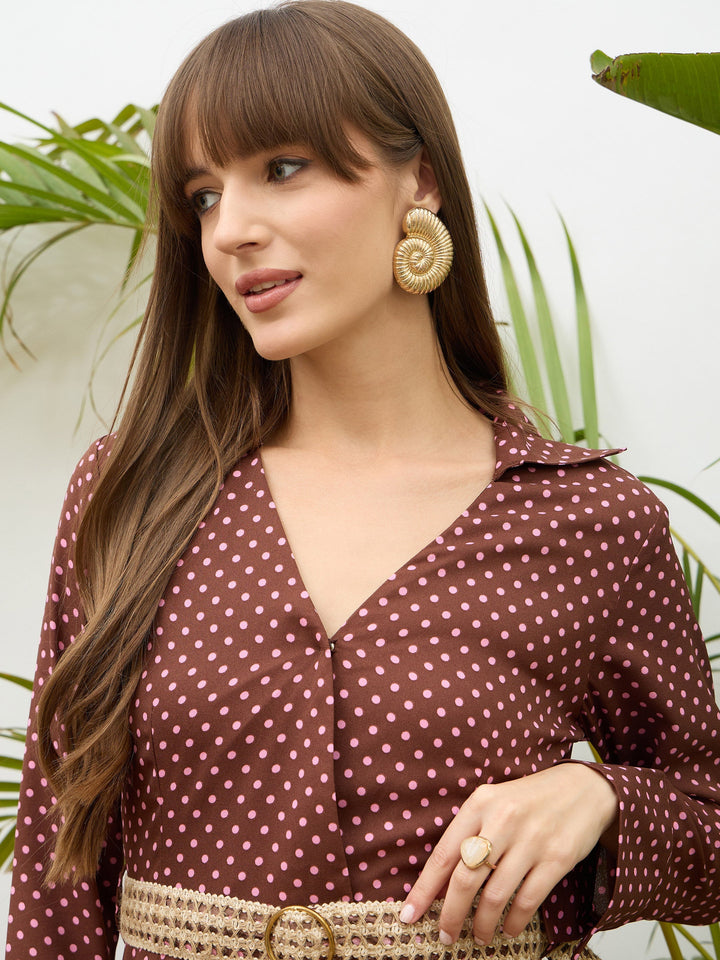 Women Brown Polka Dot Belted Tiered Maxi Dress