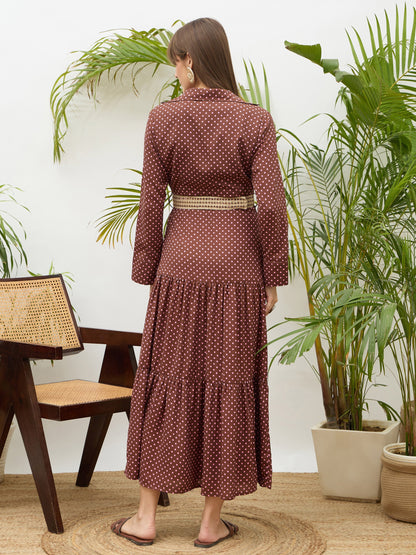 Women Brown Polka Dot Belted Tiered Maxi Dress