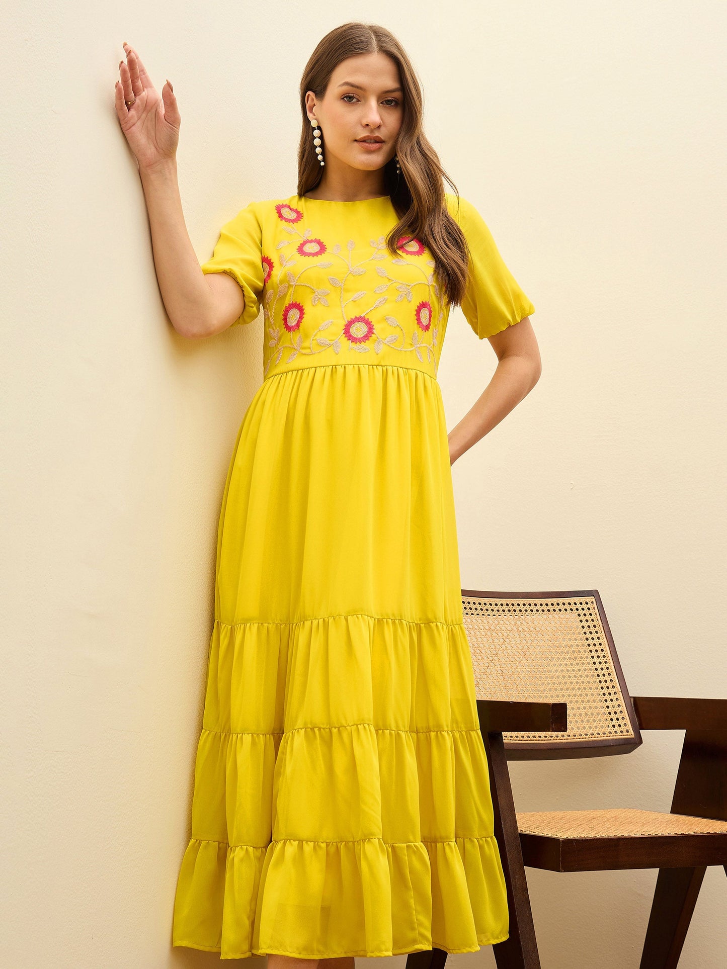 Women Yellow Solid Tiered Maxi Dress