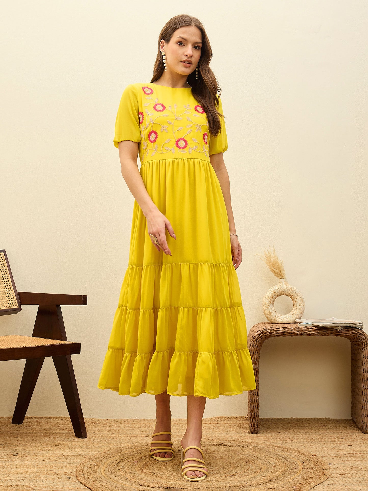 Women Yellow Solid Tiered Maxi Dress