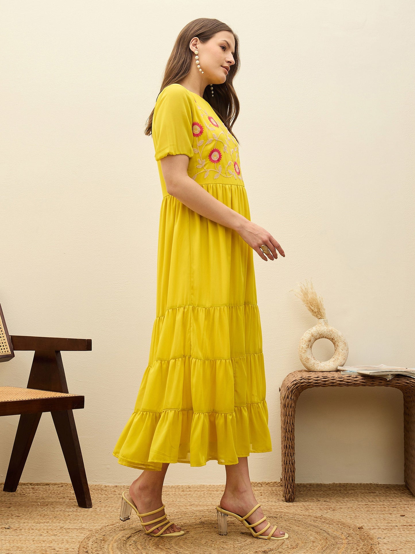 Women Yellow Solid Tiered Maxi Dress