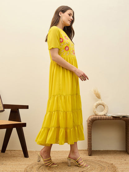 Women Yellow Solid Tiered Maxi Dress