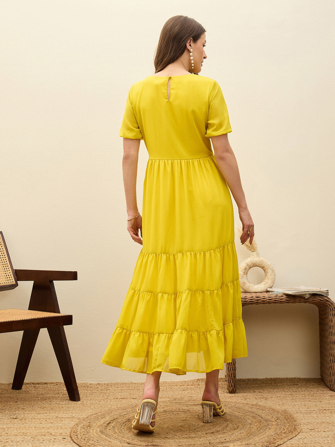 Women Yellow Solid Tiered Maxi Dress