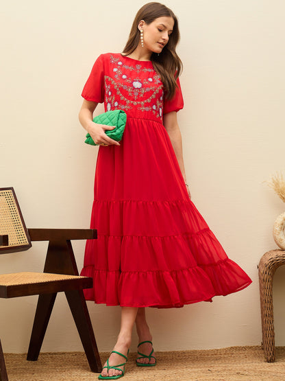 Women Red Solid Tiered Maxi Dress