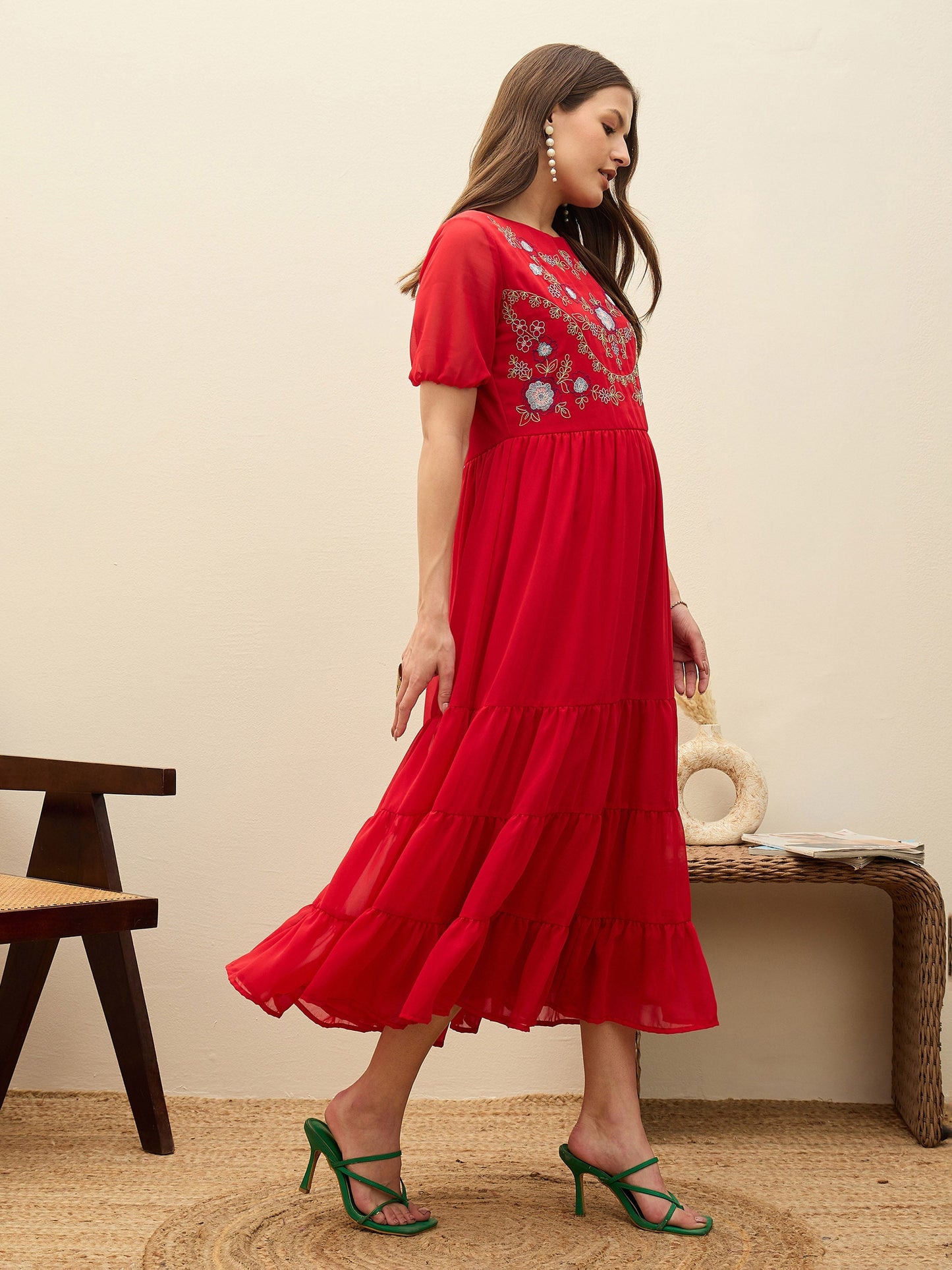 Women Red Solid Tiered Maxi Dress