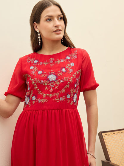 Women Red Solid Tiered Maxi Dress