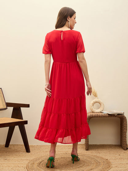 Women Red Solid Tiered Maxi Dress