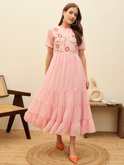 Women Pink Solid Tiered Maxi Dress