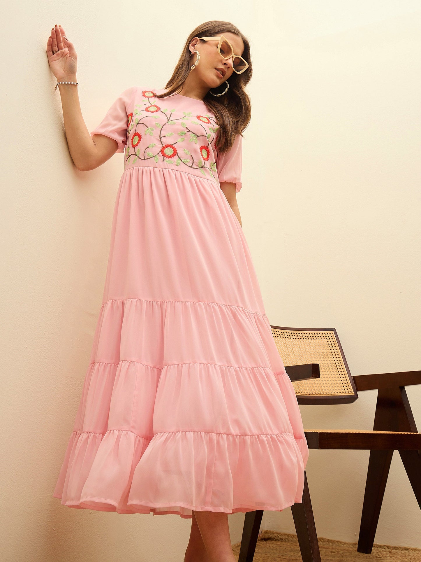 Women Pink Solid Tiered Maxi Dress