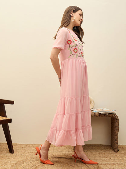 Women Pink Solid Tiered Maxi Dress