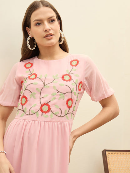 Women Pink Solid Tiered Maxi Dress