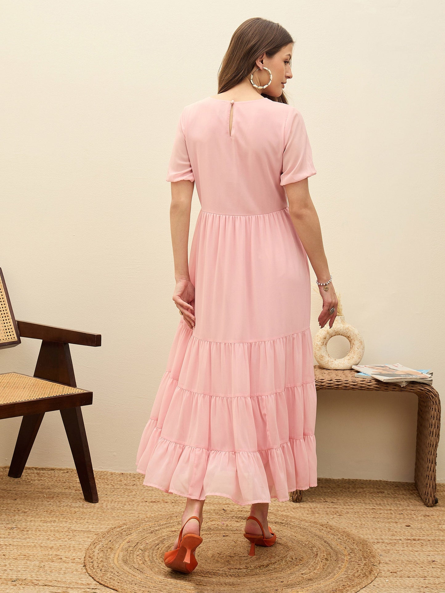 Women Pink Solid Tiered Maxi Dress
