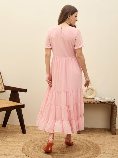 Women Pink Solid Tiered Maxi Dress