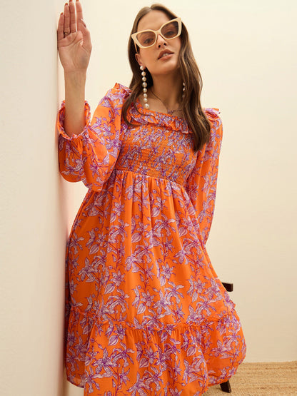 Women Orange Floral Square Neck Midi Dress