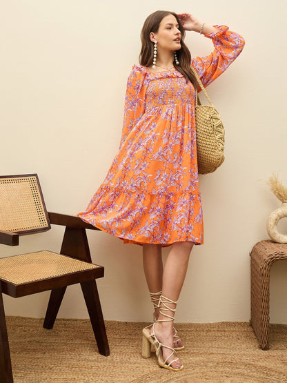 Women Orange Floral Square Neck Midi Dress