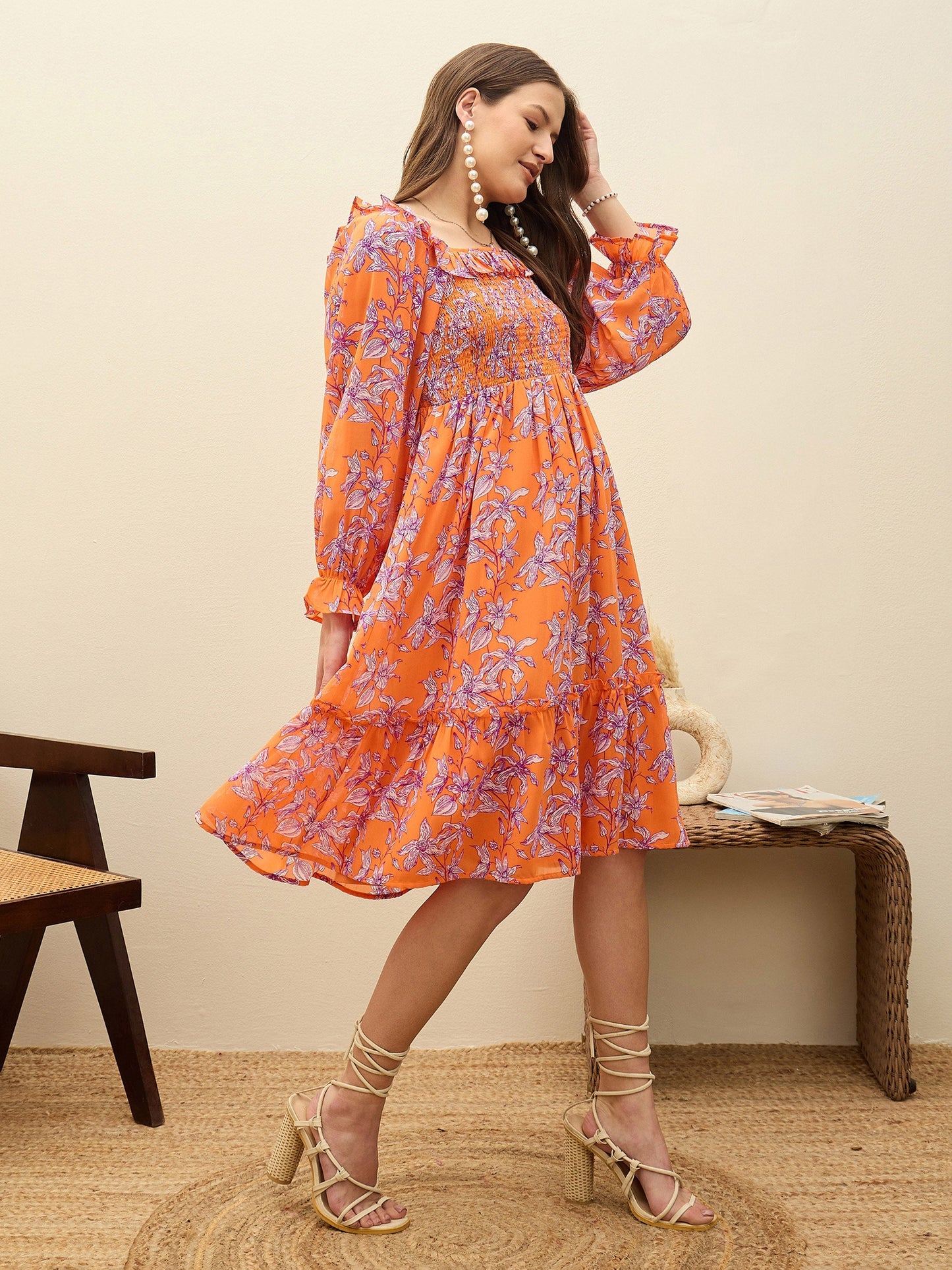 Women Orange Floral Square Neck Midi Dress