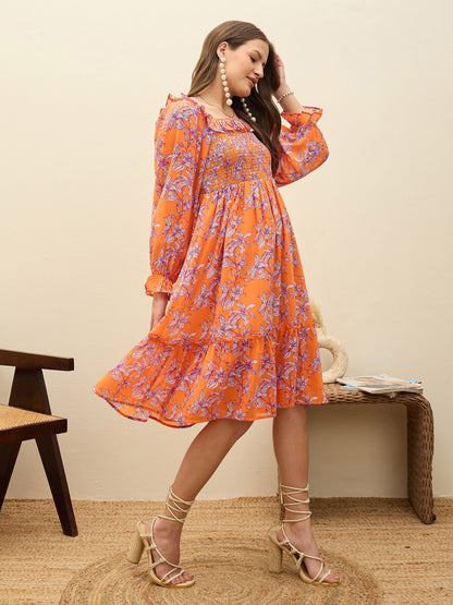 Women Orange Floral Square Neck Midi Dress