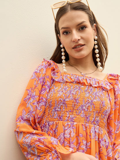 Women Orange Floral Square Neck Midi Dress