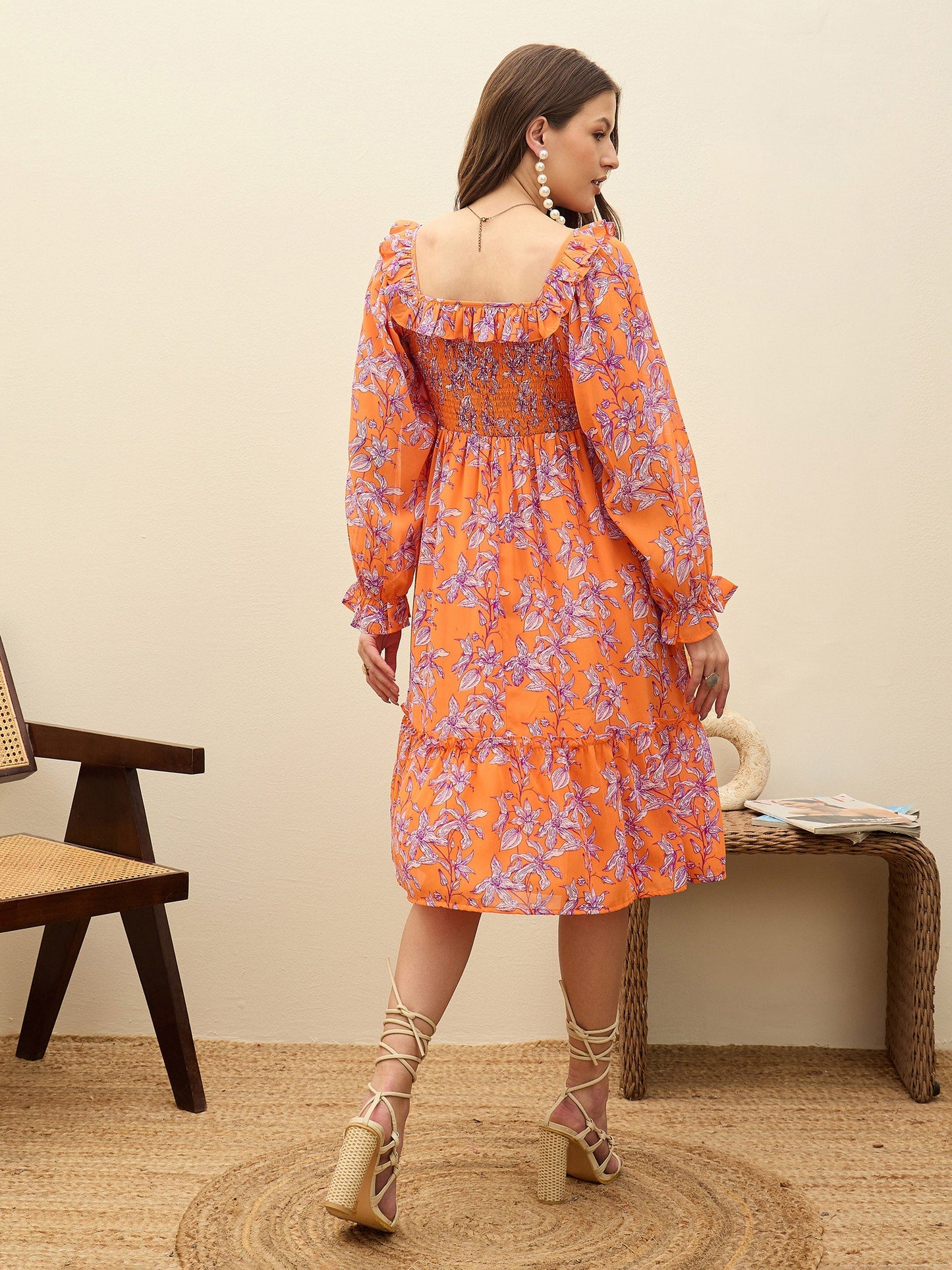 Women Orange Floral Square Neck Midi Dress
