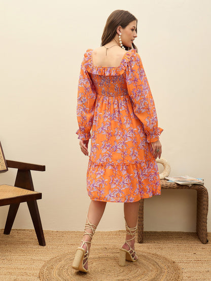 Women Orange Floral Square Neck Midi Dress