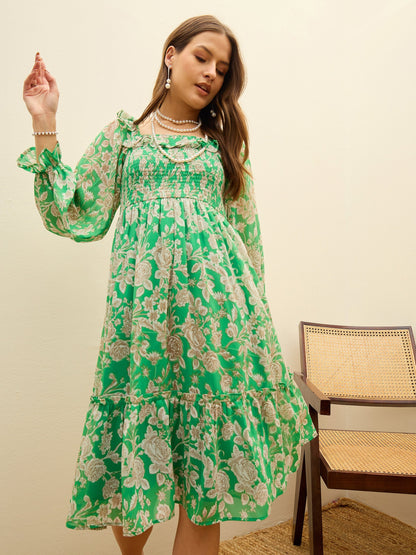 Women Green Floral Square Neck Midi Dress