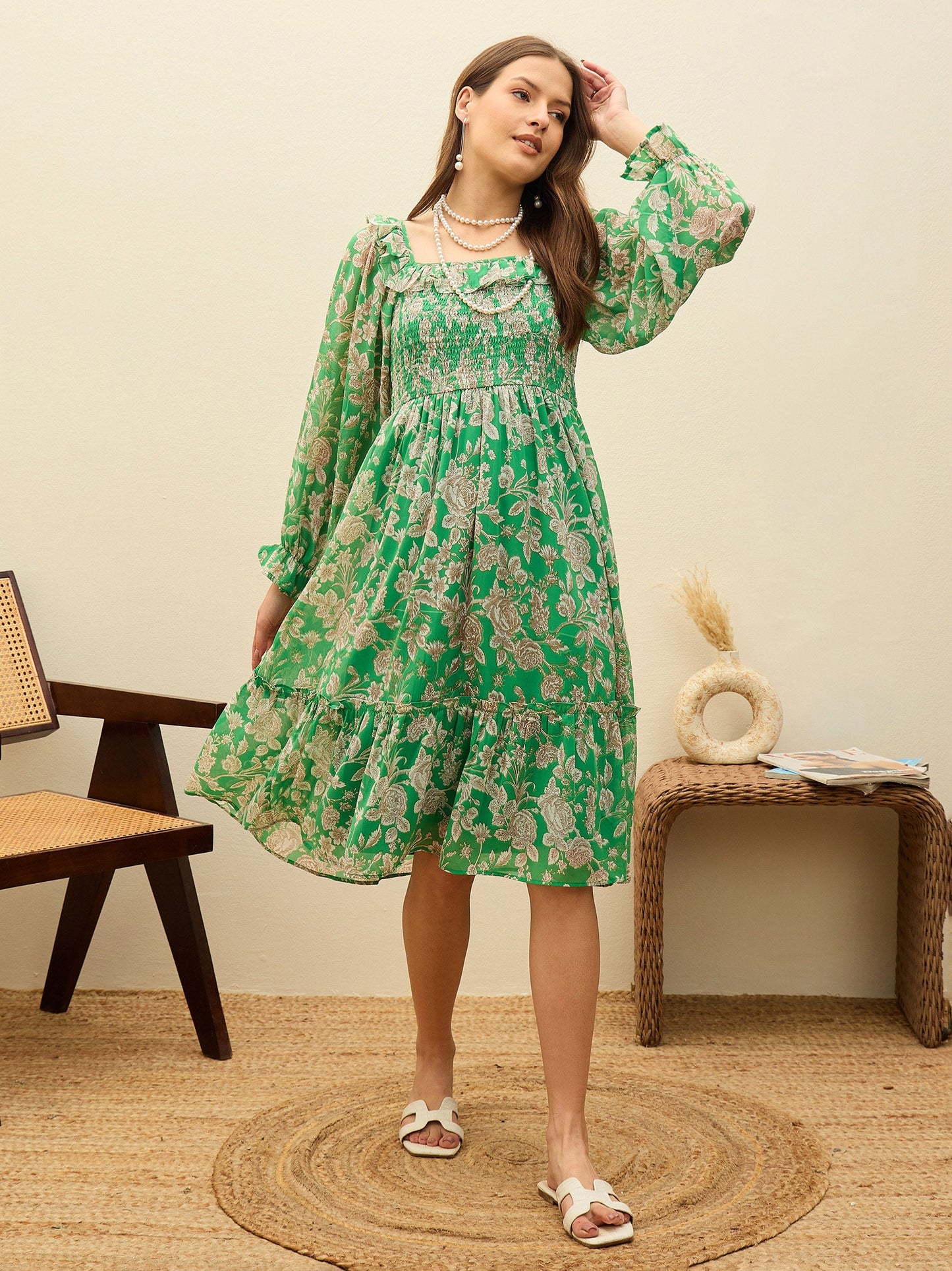 Women Green Floral Square Neck Midi Dress