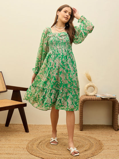 Women Green Floral Square Neck Midi Dress