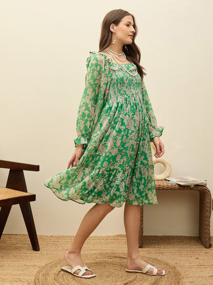 Women Green Floral Square Neck Midi Dress