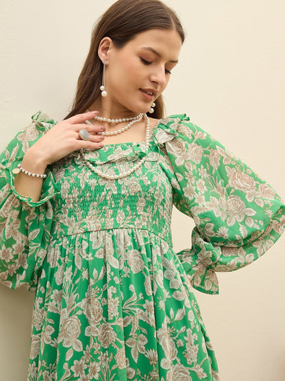 Women Green Floral Square Neck Midi Dress