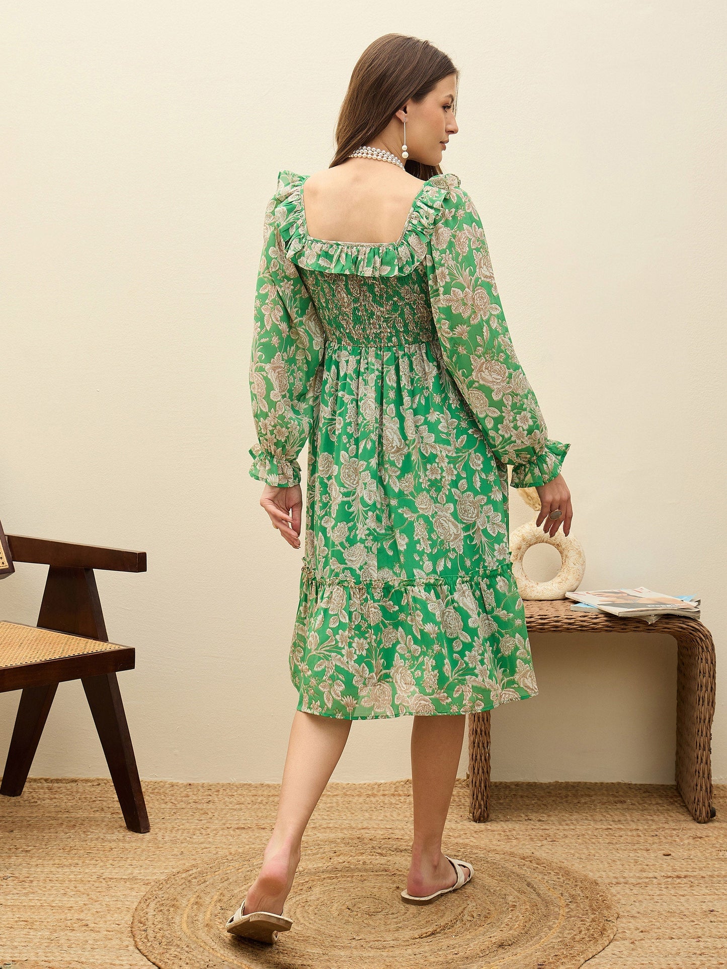 Women Green Floral Square Neck Midi Dress