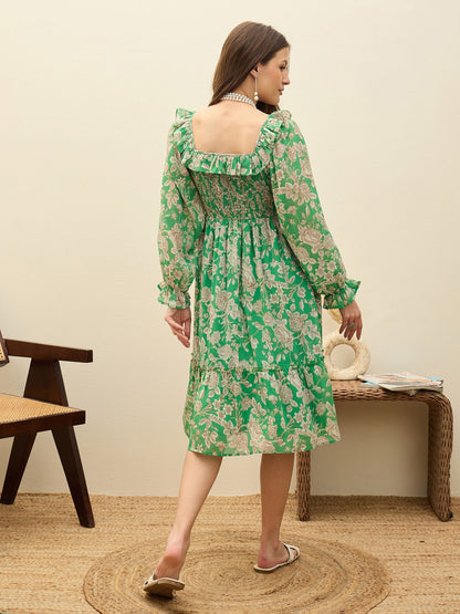 Women Green Floral Square Neck Midi Dress
