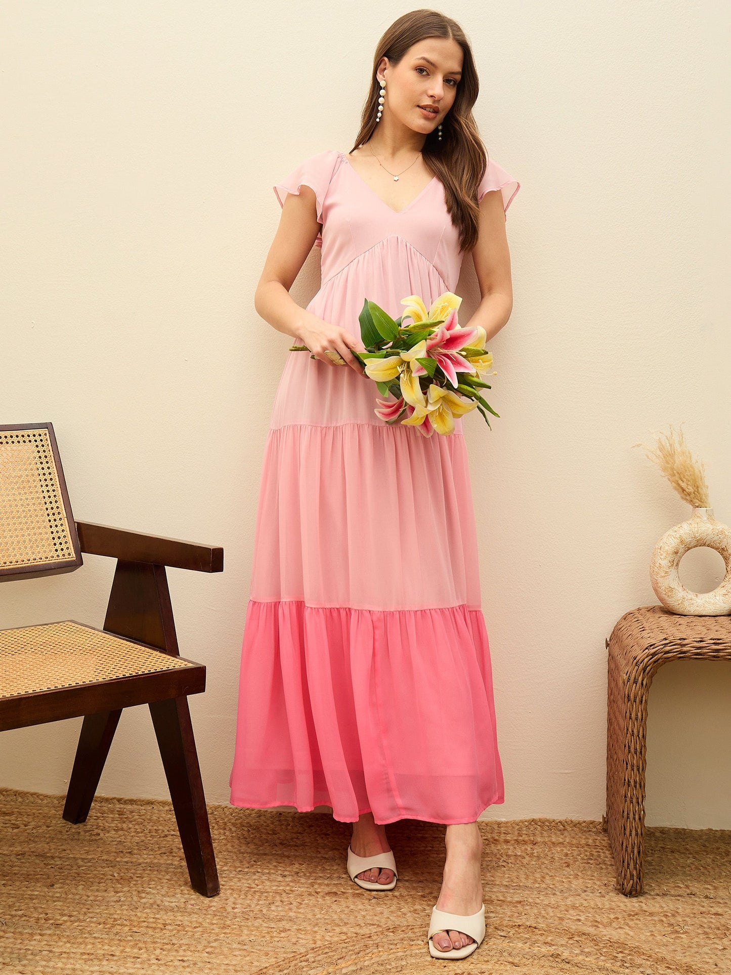 Women Pink Color Blocked Frill Sleeves Tiered Maxi Dress